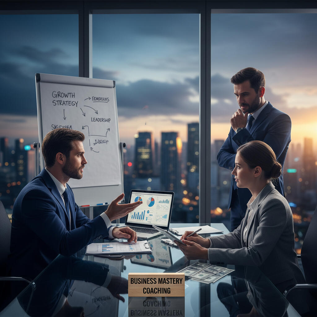 Najlepší obchodný koučing. Muž v obleku sedí za stolom v presklennej kancelárií, za ním je flipchart a niečo vysvetľuje oproti sediacej žene v kostýme a vedľa nej stojacemu mužovi tiež v saku. Najlepší koučing | stanleybahna.ak