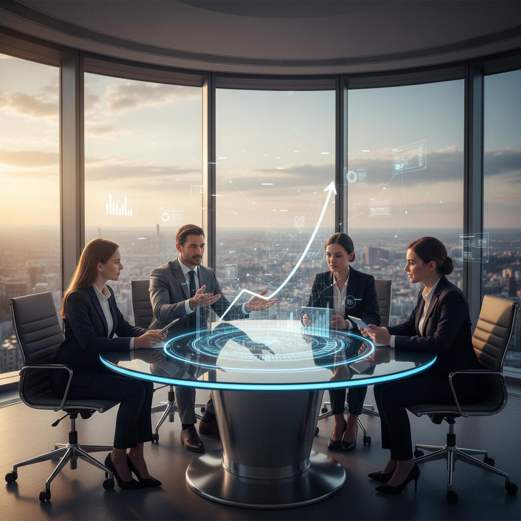 Najlepší obchodný koučing. Obchodný tím na pracovnej porade v presklennej kancelárií na vysokom poschodí s 3D animáciou grafov. Najlepší koučing | stanleybahna.sk
