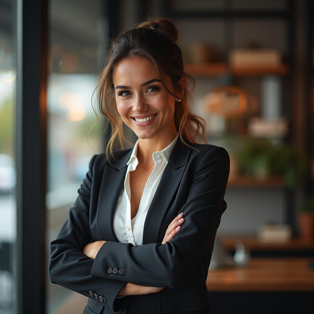 Mladá obchodníčka / manažérka stojí v modernej kancelárii v kostýme so založenými rukami a spokojne sa usmieva. Pozadie je rozostrené. Najlepší koučing v SR.