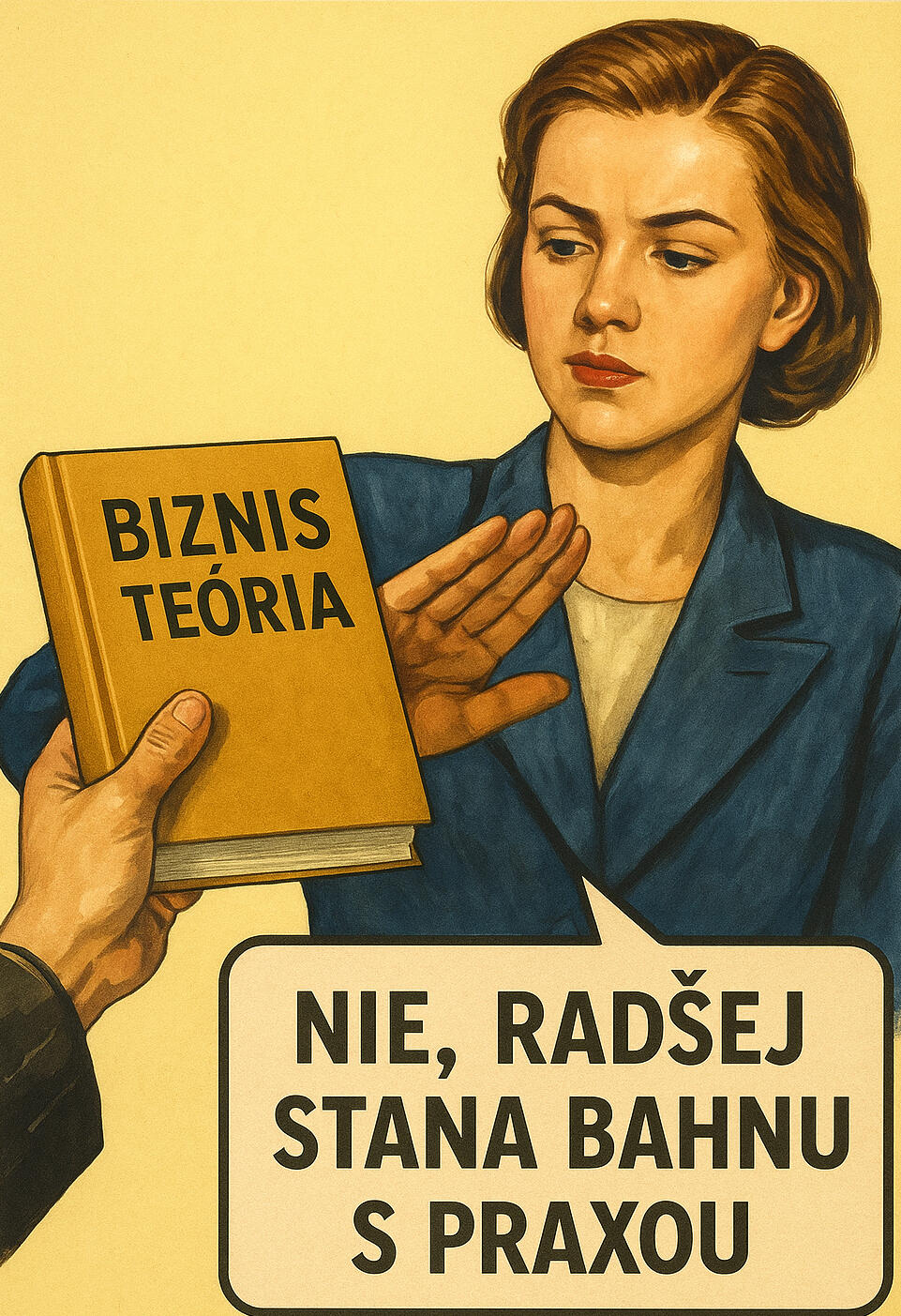 Najlepší obchodný koučing. Meme obrázok, kde ruka podáva mladej slečne v kostýme knihu s názvom ,,Biznis teória". Mladá žena odmieta a hovorí ,,Nie, radšej Stana Bahnu s praxou." Stanislav Bahna je špičkový obchodný kouč.